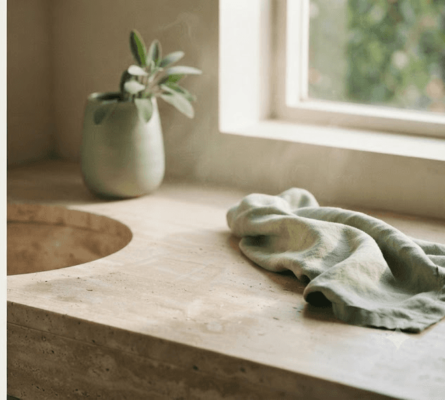 Morning light on a travertine sink with sage linen and a sprig of sage
