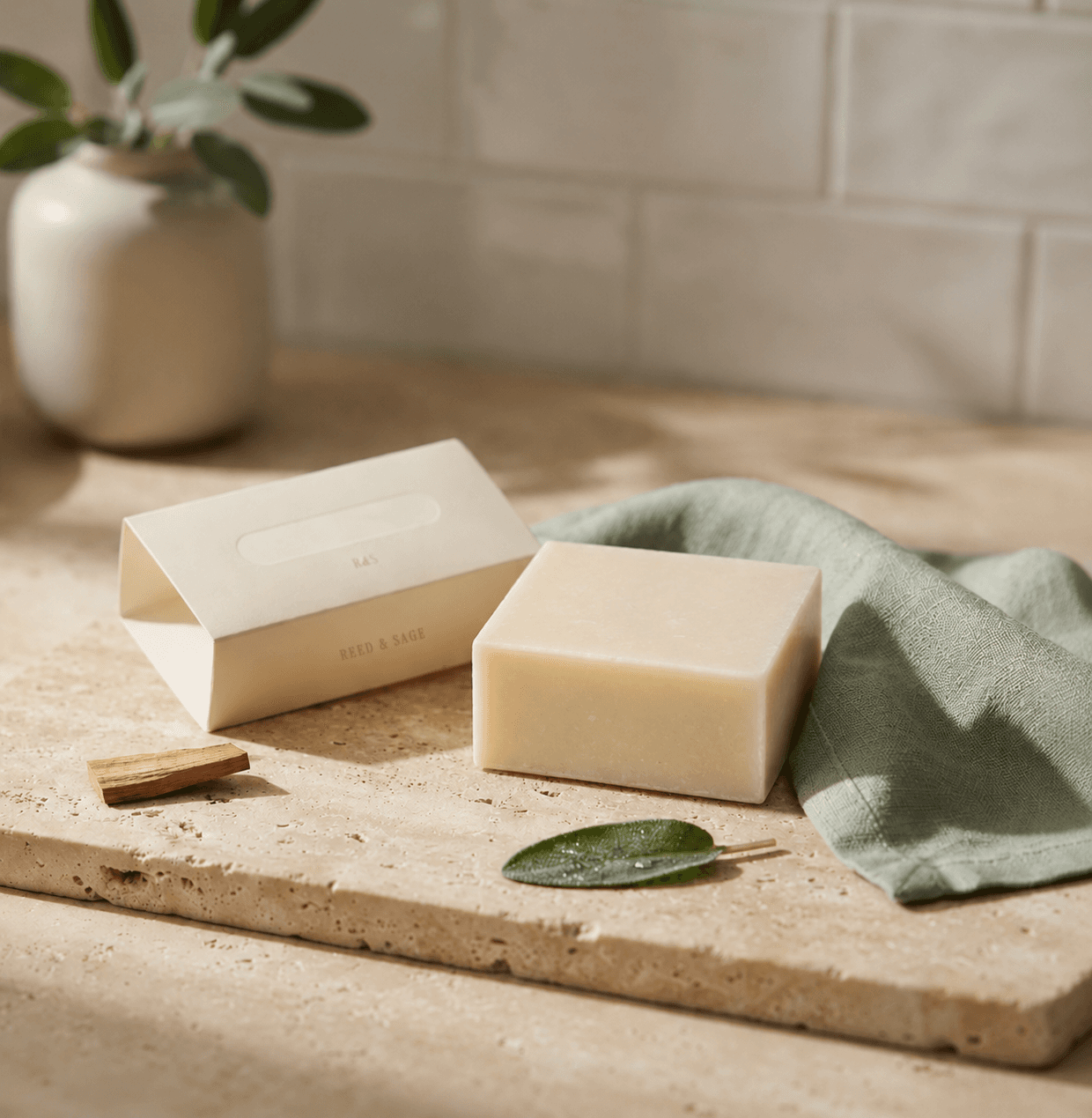A Reed & Sage soap bar beside its box, with a sage leaf and a piece of cedar on travertine