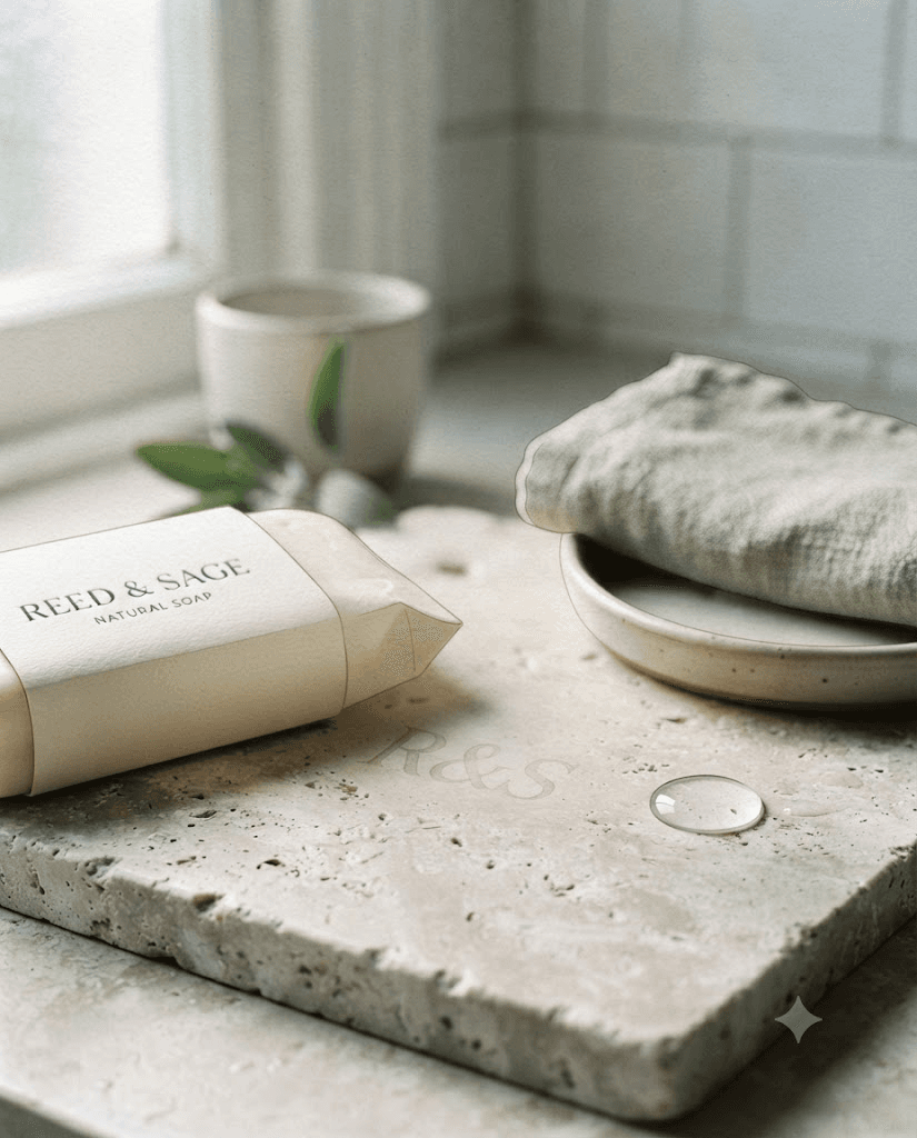 Reed & Sage Natural Soap in its warm ivory wrap, resting on a travertine slab